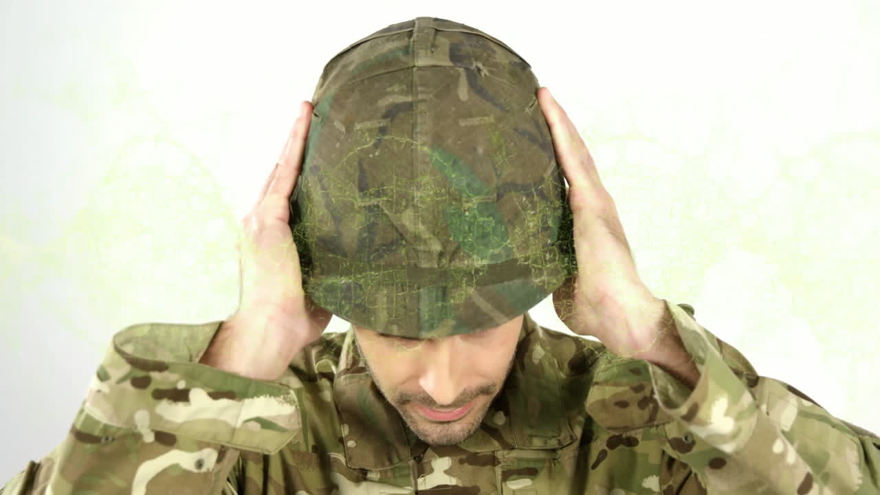 In camouflage uniform, person adjusting helmet with both hands in school animation