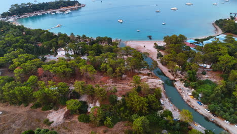 wooded shore of the mediterranean with beach and villas. modern yachts are standing on the anchor near the coast. aerial view