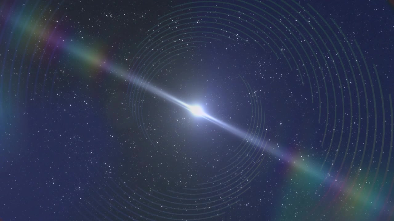 Pinpoint light appearing then stretching diagonally rainbow flare growing rings sharpening over sky