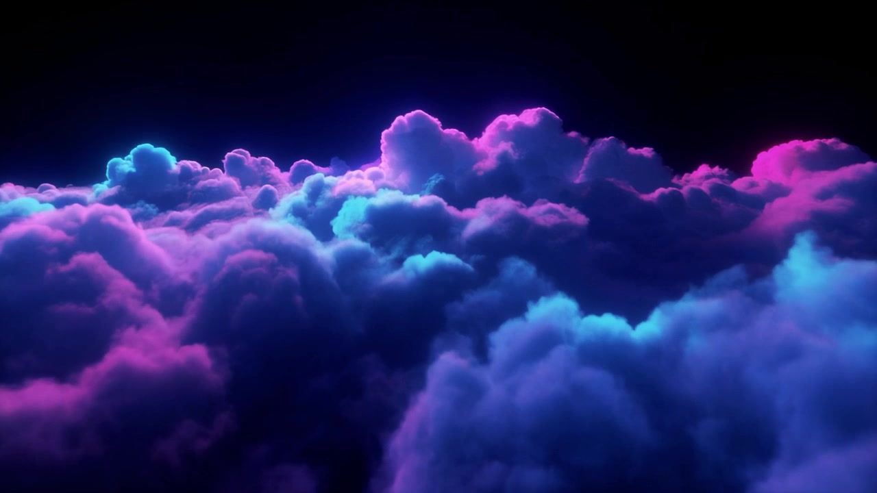 Aerial View of Glowing Neon Clouds in Dark Sky