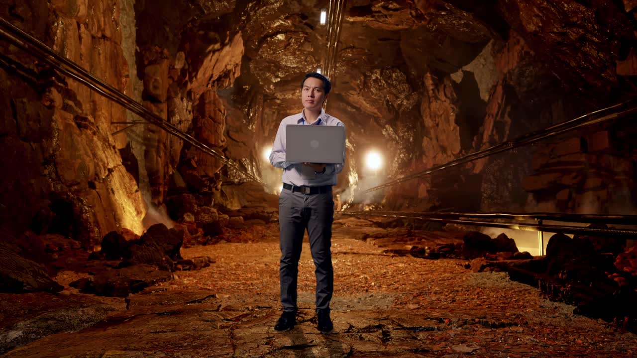 Full Body Of An Asian Male Professional Worker With His Laptop In Underground Mine Tunnel, He Observes By Looking Around Before He Come To Concentrating With His Laptop