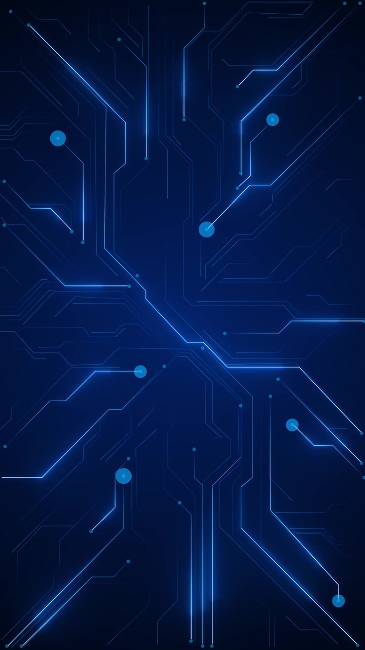 Dark blue electronic circuit lines glowing cyan paths nodes futuristic digital board design