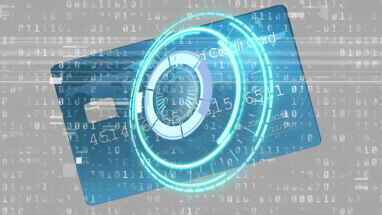 Animation of loading circle and binary code over bank card