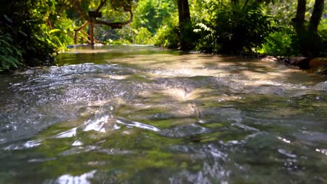 Agua-Clara-Que-Fluye-De-La-Cascada-En-El-Bosque-Verde