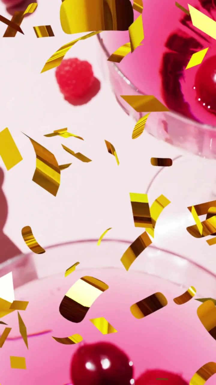 Animazione di coriandoli che cadono e cocktail su sfondo rosa