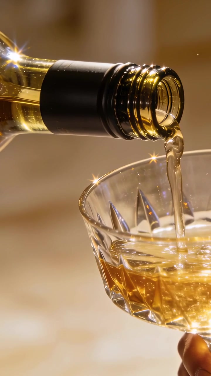 Vídeo vertical: Garrafa inclinada derramando líquido dourado em taça coupe para enchê-la em bar aconchegante, com reflexos