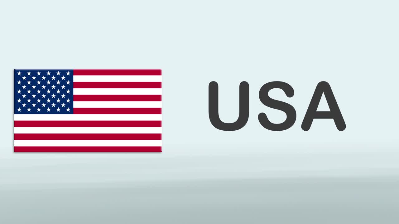 3D-præsentationspromo-intro på hvid baggrund med et farverigt bånd af flaget og landet USA.