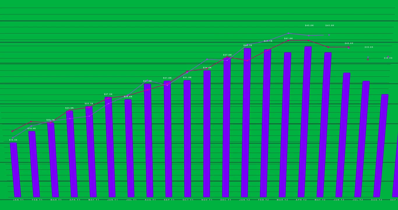 Alla comparsa di DATI_Q3 o REPORT che si animano su sfondo trasparente, con barre che crescono e linee che si disegnano per mostrare t.