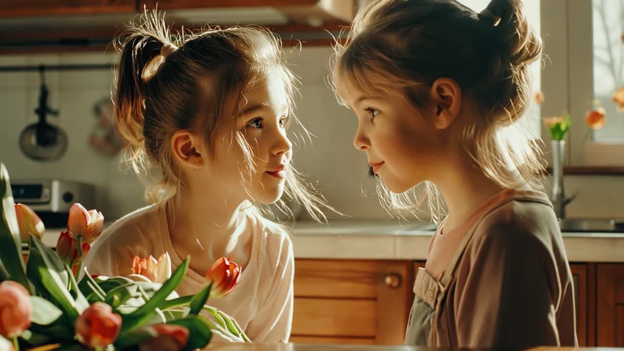 Two young girls looking at each other in a kitchen with tulips