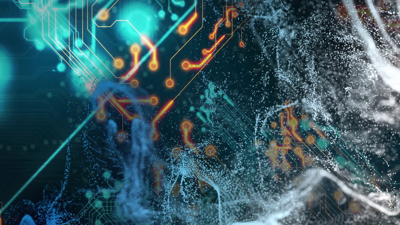 animación de circuito digital y flujo de datos sobre un fondo azul y naranja abstracto