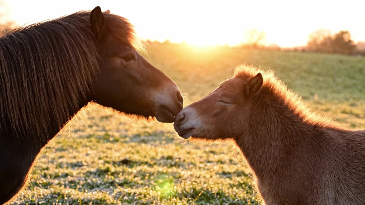 Un momento conmovedor entre una yegua y su potro al atardecer, capturando el vínculo de amor, inocencia y la belleza de la naturaleza en un sereno paisaje pastoral.