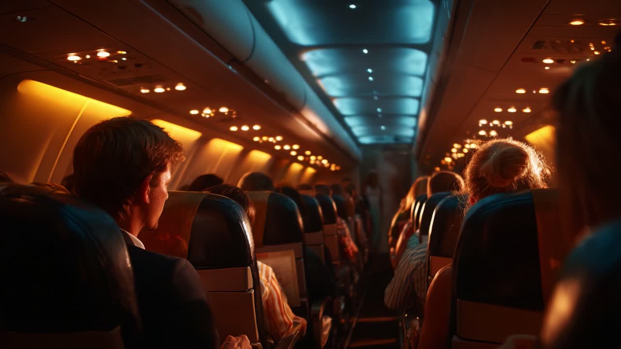 A Cozy Atmosphere Inside an Airplane Cabin During Flight, with Passengers Relaxing in Their Seats Surrounded by Soft Orange and Blue Lighting, Creating an Inviting and Comfortable Travel Experience