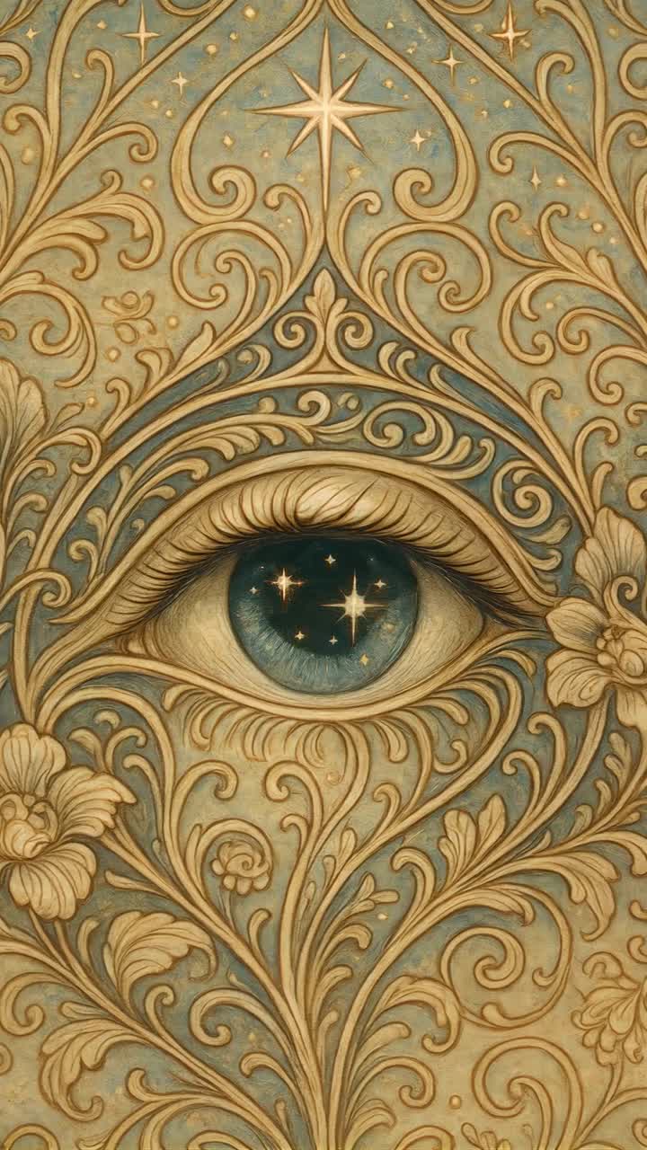 Surreal eye amidst ornate floral patterns, captured from a front angle