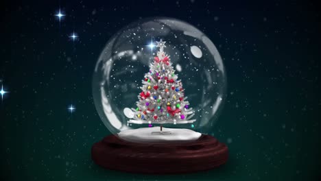 Animation-of-snow-globe-with-christmas-tree-over-stars-on-dark-background