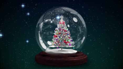 animación de globo de nieve con árbol de navidad sobre estrellas en fondo oscuro