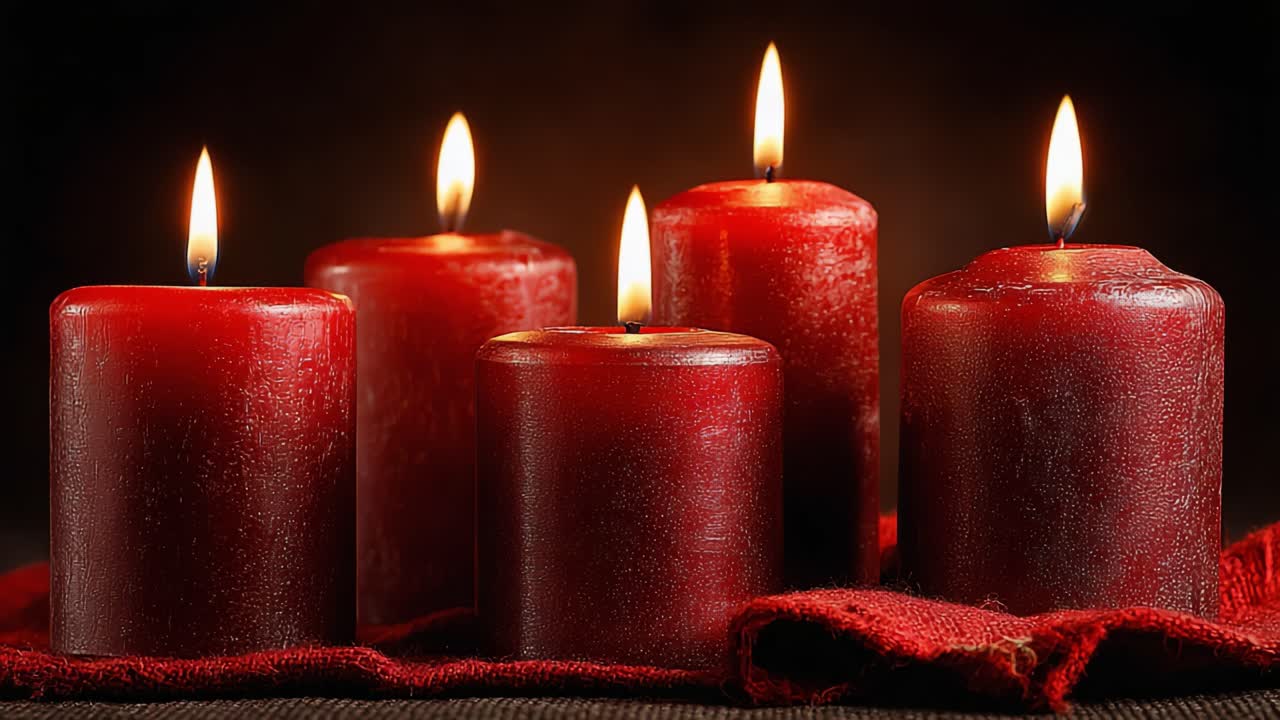 Un'accogliente esposizione di cinque eleganti candele rosse che illuminano un bagliore morbido e caldo su uno sfondo scuro, perfetta per creare un'atmosfera tranquilla.