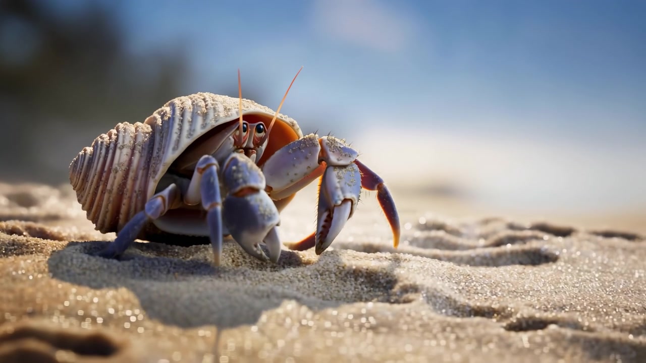 Close low-angle motion shot of hermit crab half-emerged from ridged spiral shell on sunlit sandy beach showing slight forward extension of claws and legs that suggests cautious probing of surface