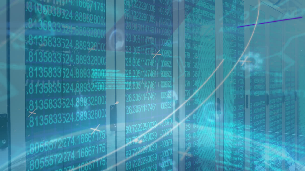 Animation of data processing and icons over server room