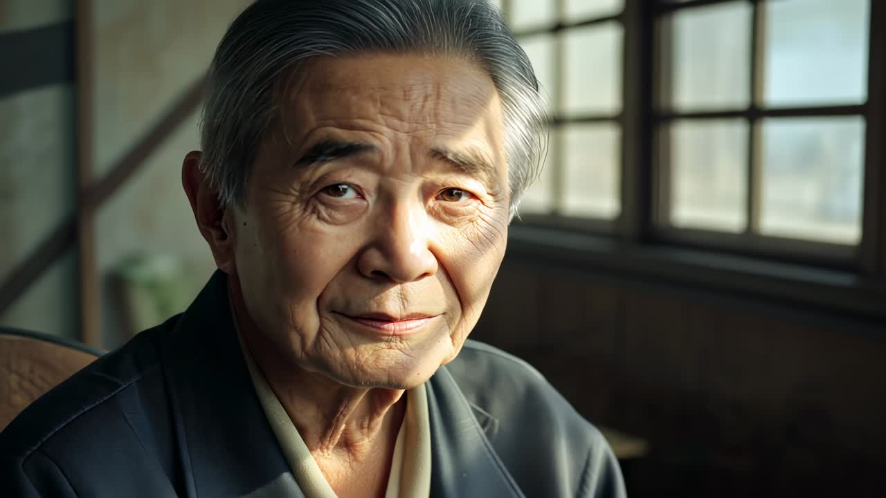 Tilting senior man smiling at home as sun through window, camera closing revealing lines, dark wrap