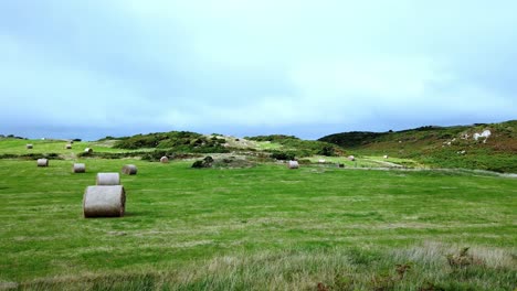 Overcast-countryside-meadow-with-rolled-straw-hay-bale-in-open-rural-British-farmland