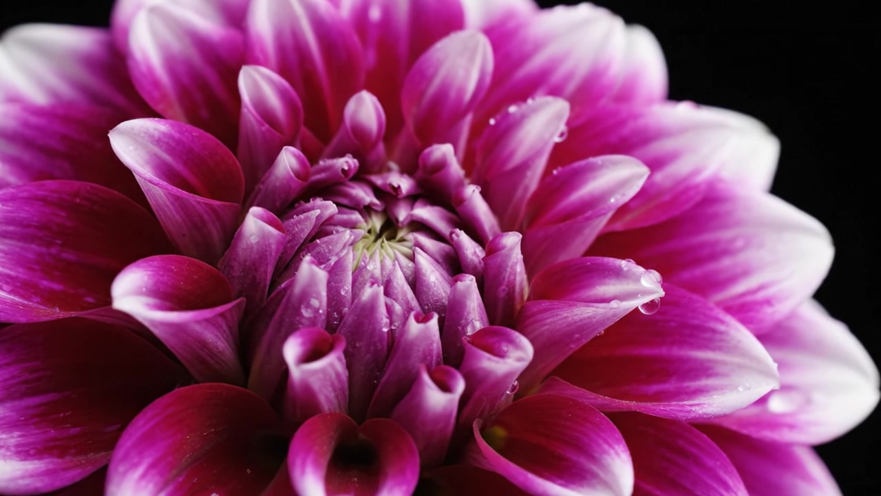 Uno splendido primo piano di un vivace fiore rosa che mostra i suoi petali intricati e gocce di rugiada su uno sfondo scuro