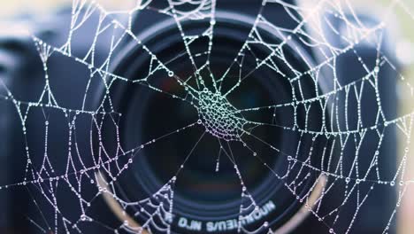 intricate spider web adorned with dewdrops enhances the image of a camera lens, creating a mesmerizing visual blend of nature and technology in a captivating close-up shot