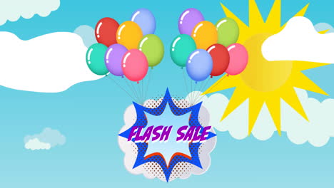 animation of flash sale text in purple over retro speech bubble with balloons over sun on sky