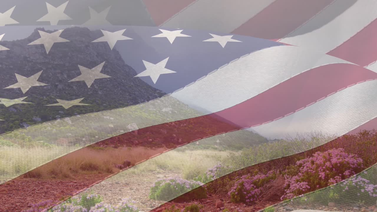animación de la bandera estadounidense sobre la ladera de una montaña cubierta de hierba