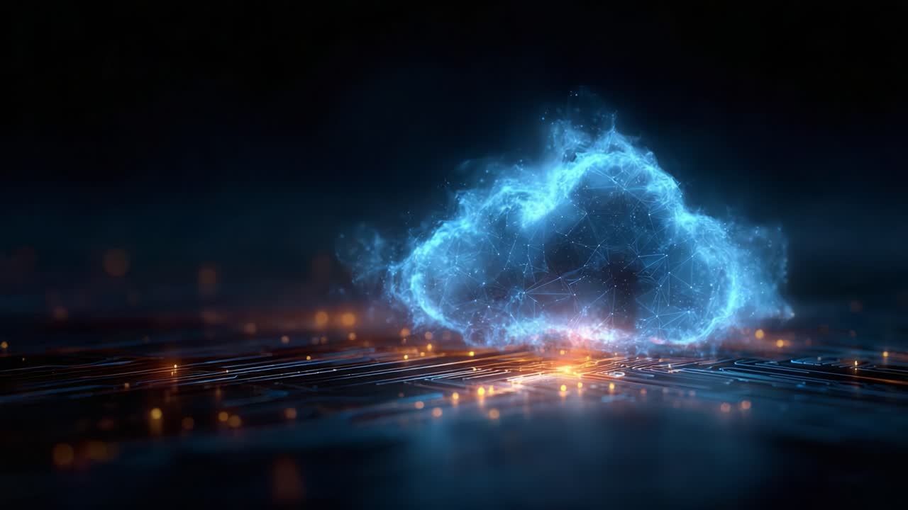 Illuminated Cloud Technology Concept: A Vibrant Digital Cloud Surrounded by Glowing Particles and Abstract Data Connections on a Futuristic Background