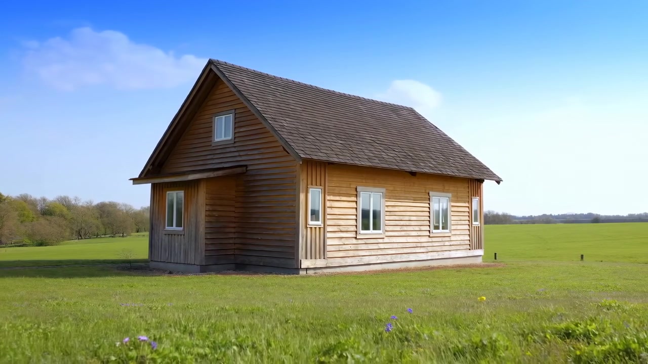 Piccola casa rustica in legno che si erge solitaria in un campo erboso di campagna con campi aperti, cielo azzurro limpido e un ampio orizzonte in pieno giorno.