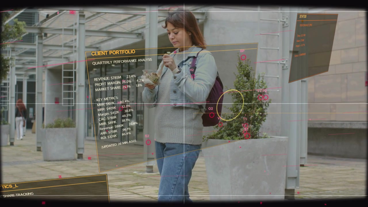 Donna adulta che cammina mentre controlla il telefono, attivando i pannelli AR del PORTAFOGLIO CLIENTI, esaminando le metriche.