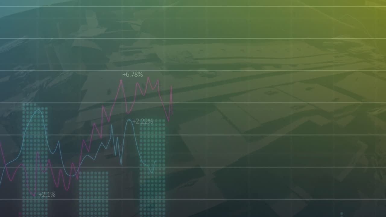 animación de múltiples gráficos con números cambiantes sobre una vista aérea de edificios modernos