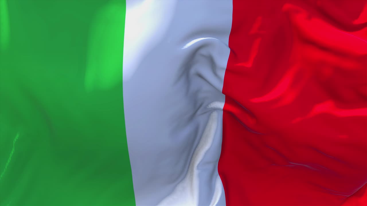 218 bandiera dell'Italia che sventola al vento, animazione in slow motion 4K, texture del tessuto realistica, movimento fluido e ondeggiante.