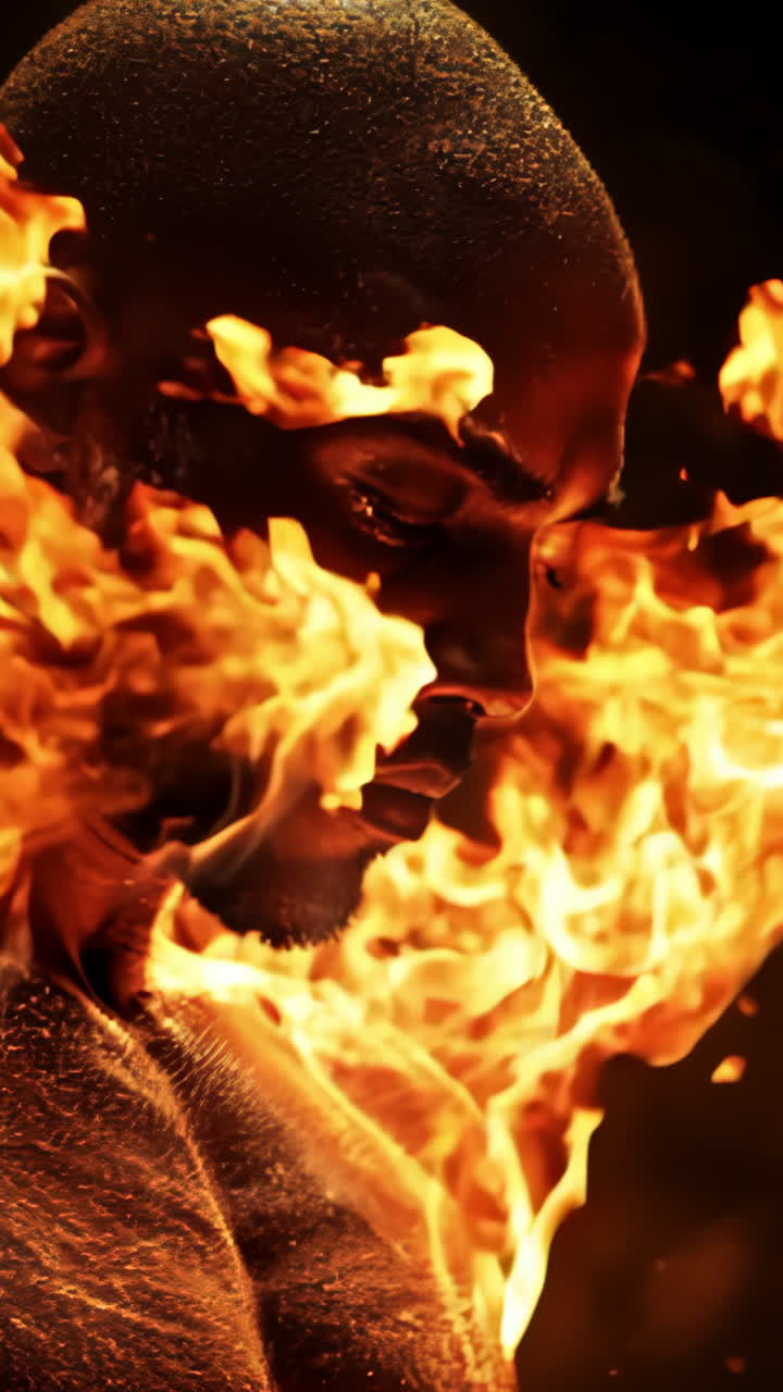 A man with a muscular build is surrounded by fire. Concept of strength and power, as the man's muscles are highlighted by the glowing flames. The fiery background adds a dramatic