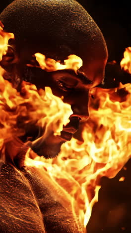 a man with a muscular build is surrounded by fire. concept of strength and power, as the man's muscles are highlighted by the glowing flames. the fiery background adds a dramatic