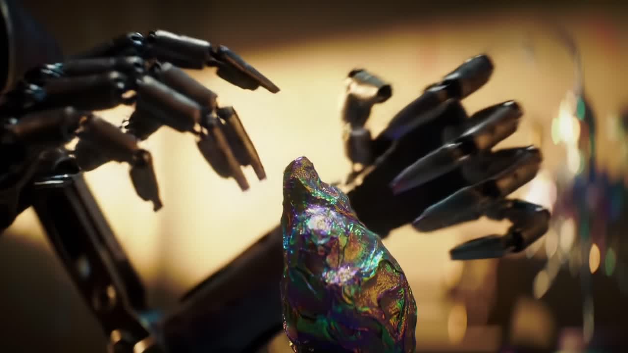 An Intricate Display of Robotic Hands Interacting with a Colorful, Reflective Object in a Modern Studio Environment