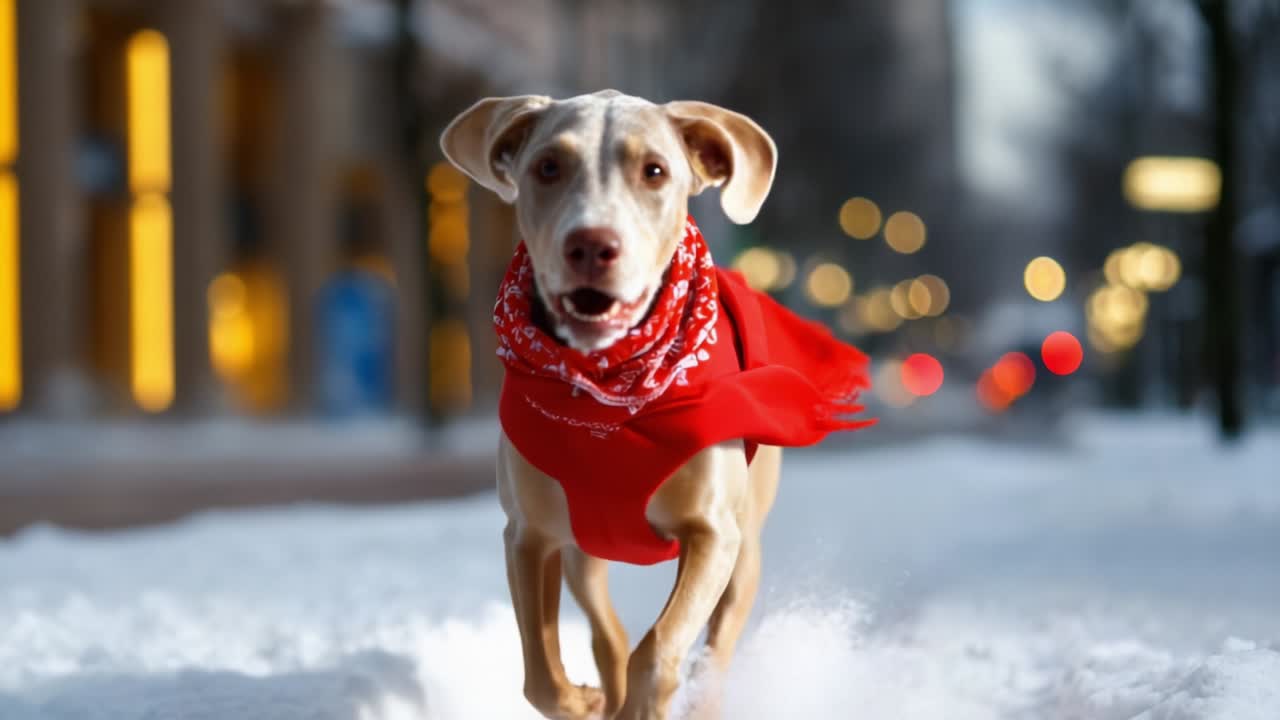 A joyful dog dashes through a snowy street wearing a vibrant red scarf, capturing the essence of winter fun and the pure exhilaration of outdoor play amidst a beautifully lit urban backdrop
