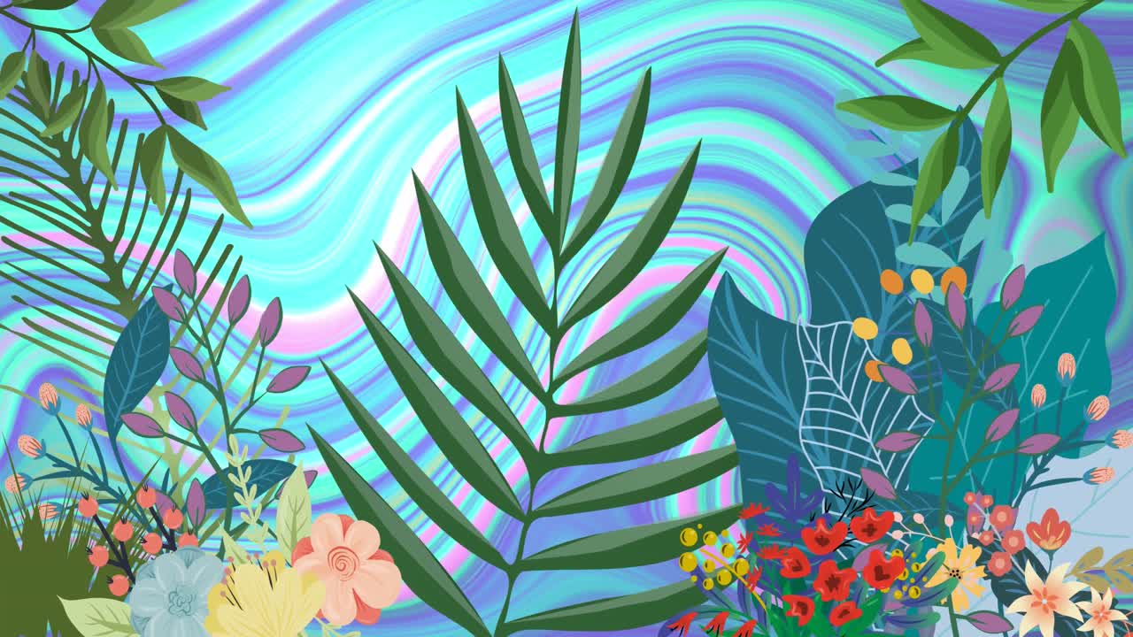 animación de hojas y fondo líquido colorido en movimiento.