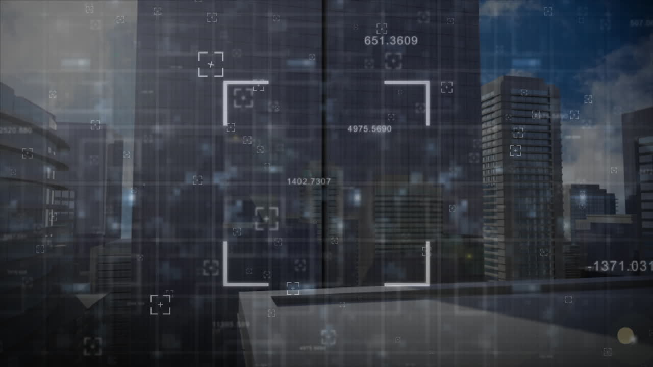 animación de escaneo de alcance a través de la red de red y múltiples números cambiantes contra edificios altos.