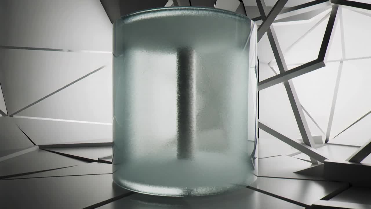 Camera pulling back, frosted cylinder staying central as panels shifting showing core for tech ad