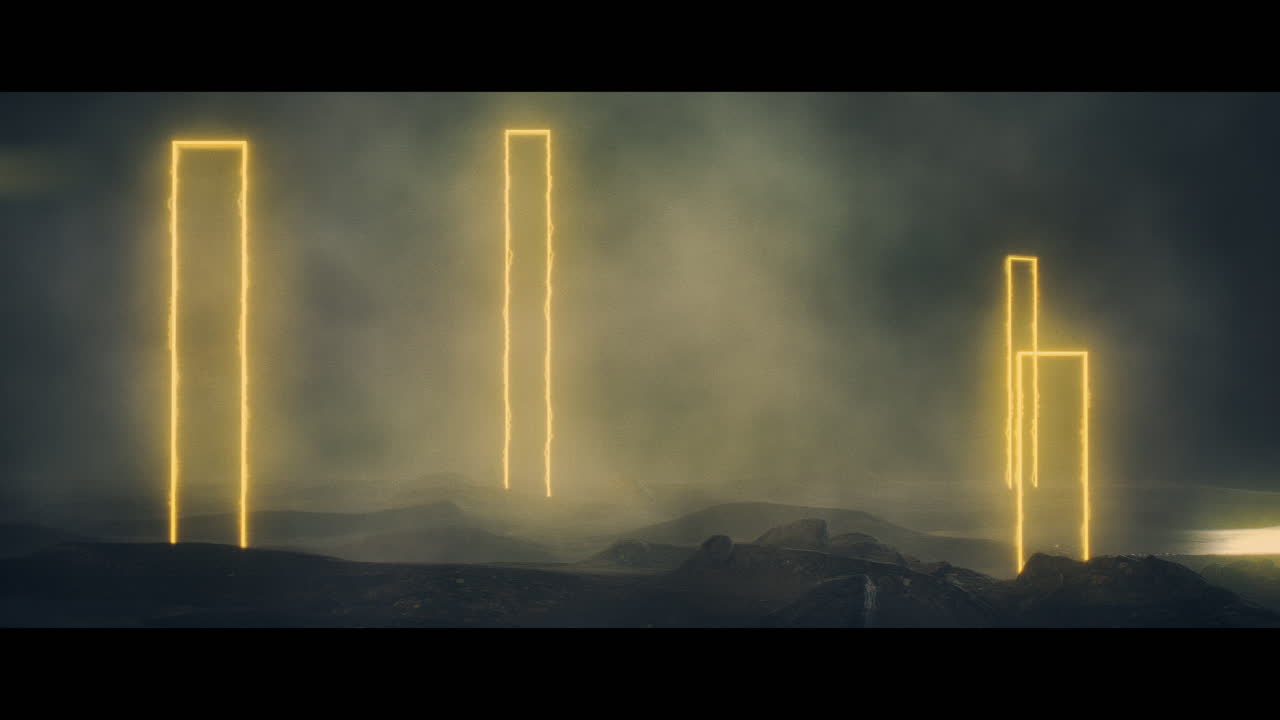 Rocky landscape with huge yellow light portal structures