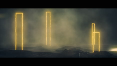 rocky landscape with huge yellow light portal structures