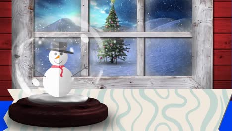 Animation-of-snowman-in-a-snow-globe-over-window-frame-against-christmas-tree-on-winter-landscape