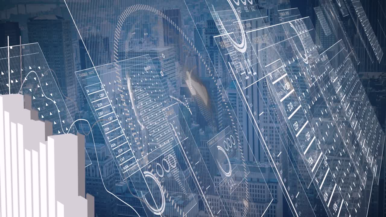 도시 풍경 위의 데이터 처리 애니메이션