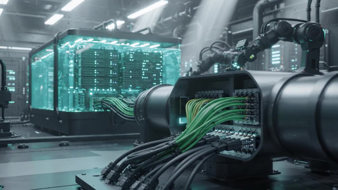 High-Tech Data Center: Advanced Server Racks with Robotic Arms and Transparent Enclosure in a Futuristic Setup Capturing Cutting-Edge Technology and Innovation