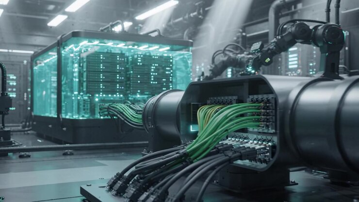 High-Tech Data Center: Advanced Server Racks with Robotic Arms and Transparent Enclosure in a Futuristic Setup Capturing Cutting-Edge Technology and Innovation