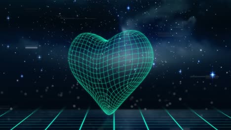 animation of glitch effect over mesh heart shape icon against shining stars in space