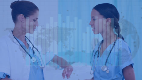 animation of data processing over two diverse female doctors