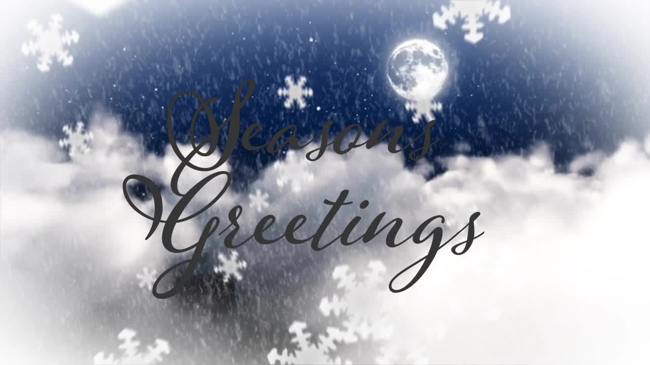 Animating snowflake drifting over fading Seasons Greetings, moon rising, creating festive ambiance