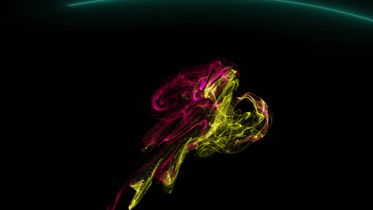 3D render animating magenta and yellow neon swirl floating over dark background with thin neon arc